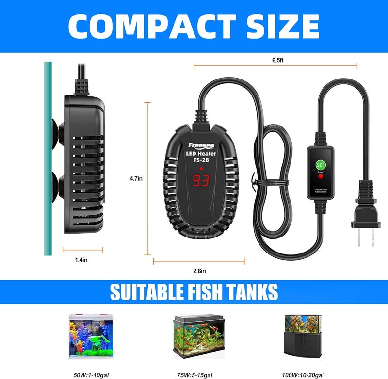 FREESEA Aquarium Fish Tank Heater: 50W Small Submersible Turtle Heater with Adjustable Temperature External Controller for Betta | Saltwater | Freshwater | 1-10 Gallon - Image 4